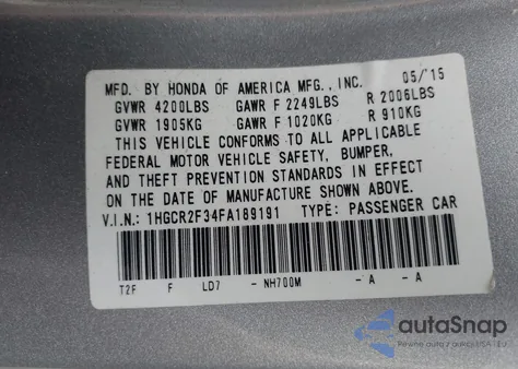 2015 Honda Accord Lx из США, поврежденный, VIN 1HGCR2F34FA189191